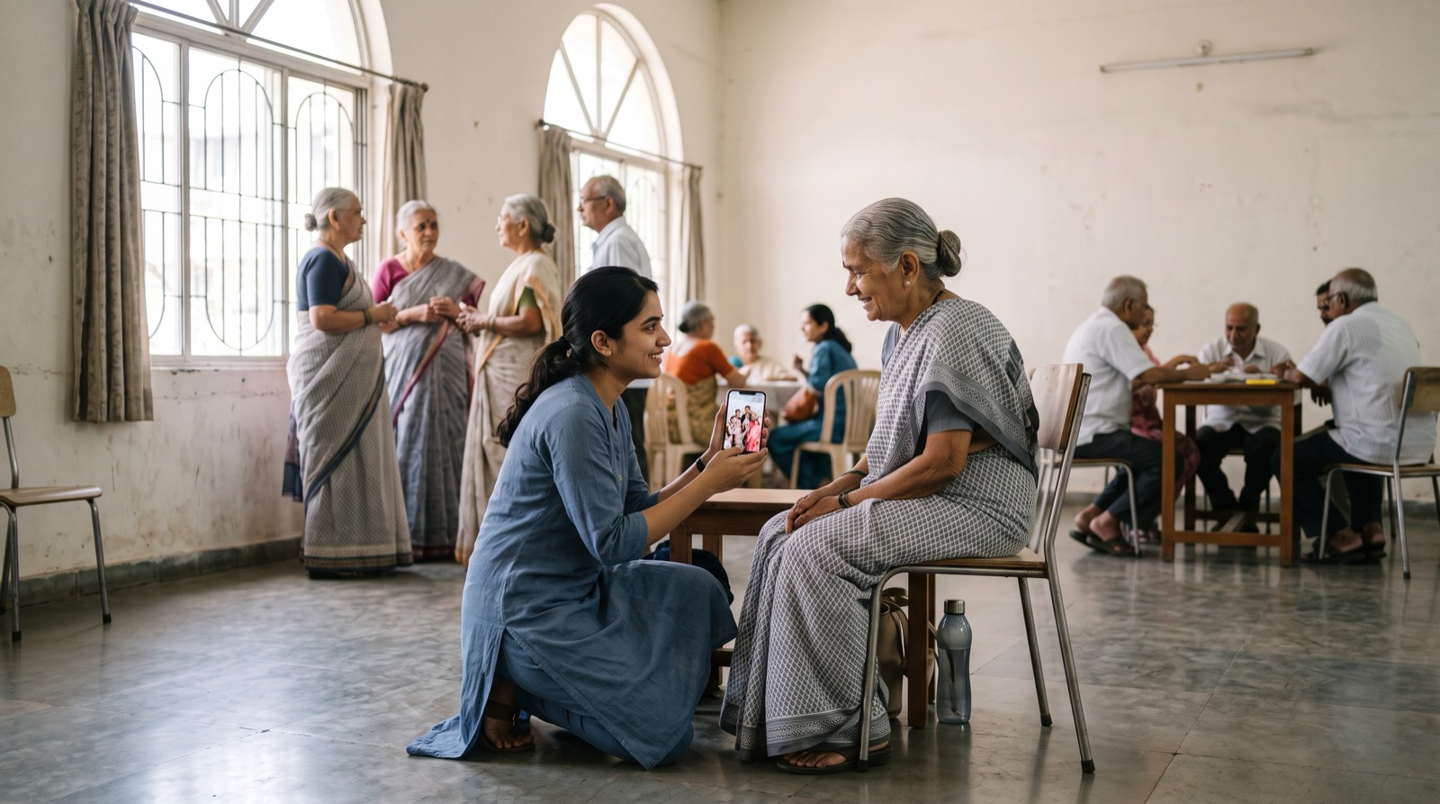 A young volunteer kneeling beside an elderly woman in a community hall, showing her something on a phone