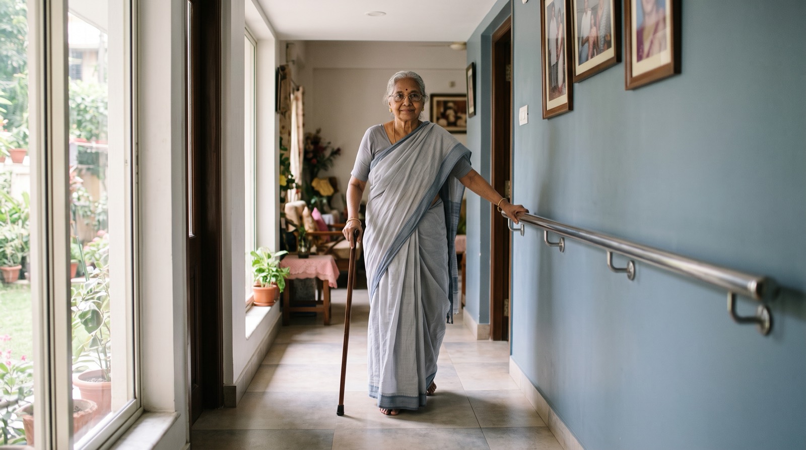 An elderly woman in a grey sari walking down a bright hallway with a walking stick, one hand on a steel handrail