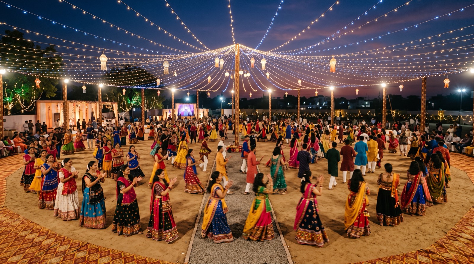 A Navratri garba night: dancers in festive clothes moving in circles under canopies of string lights