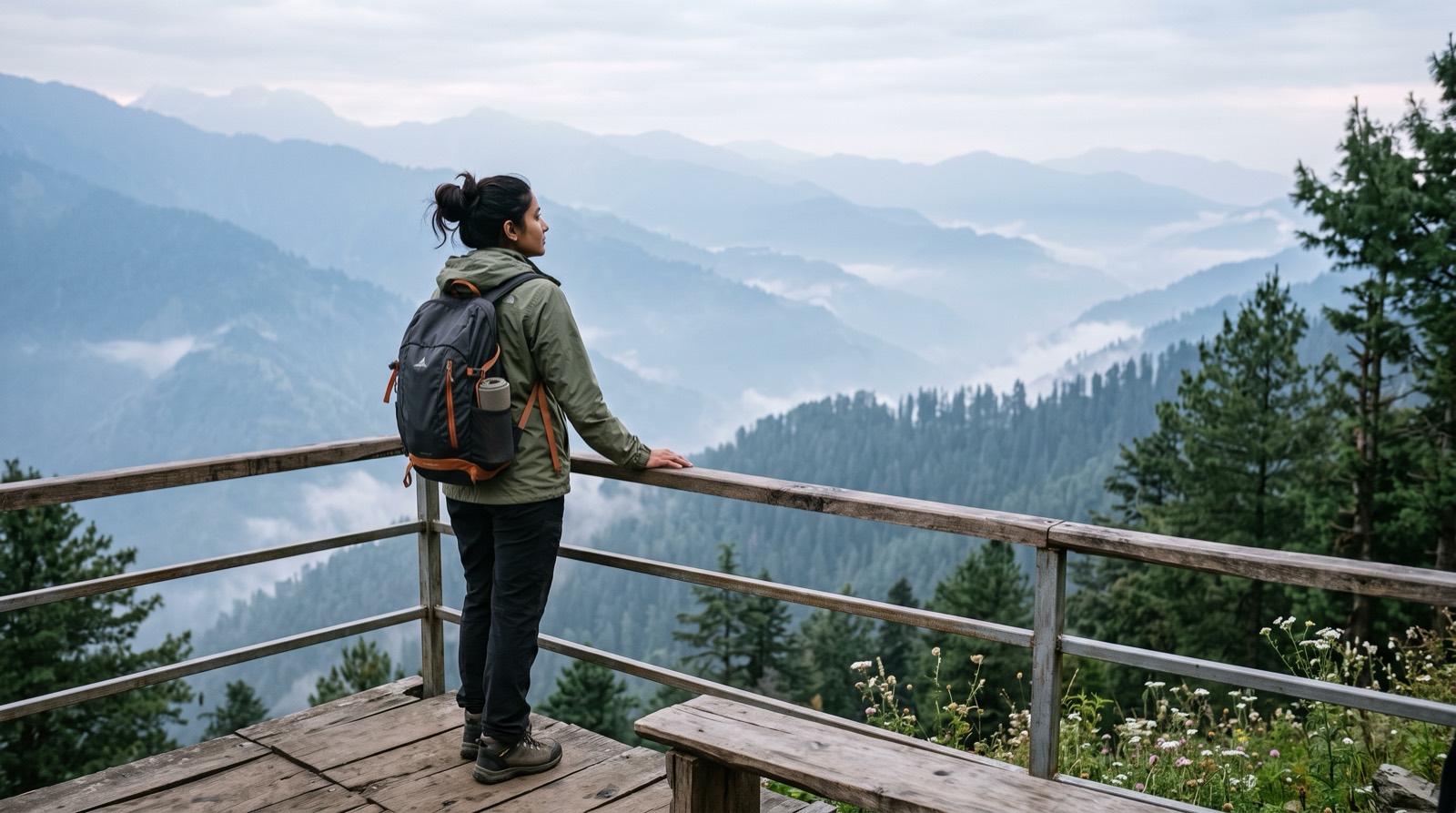 A woman with a backpack at a wooden viewpoint looking over misty blue mountains and pine forest in Himachal Pradesh