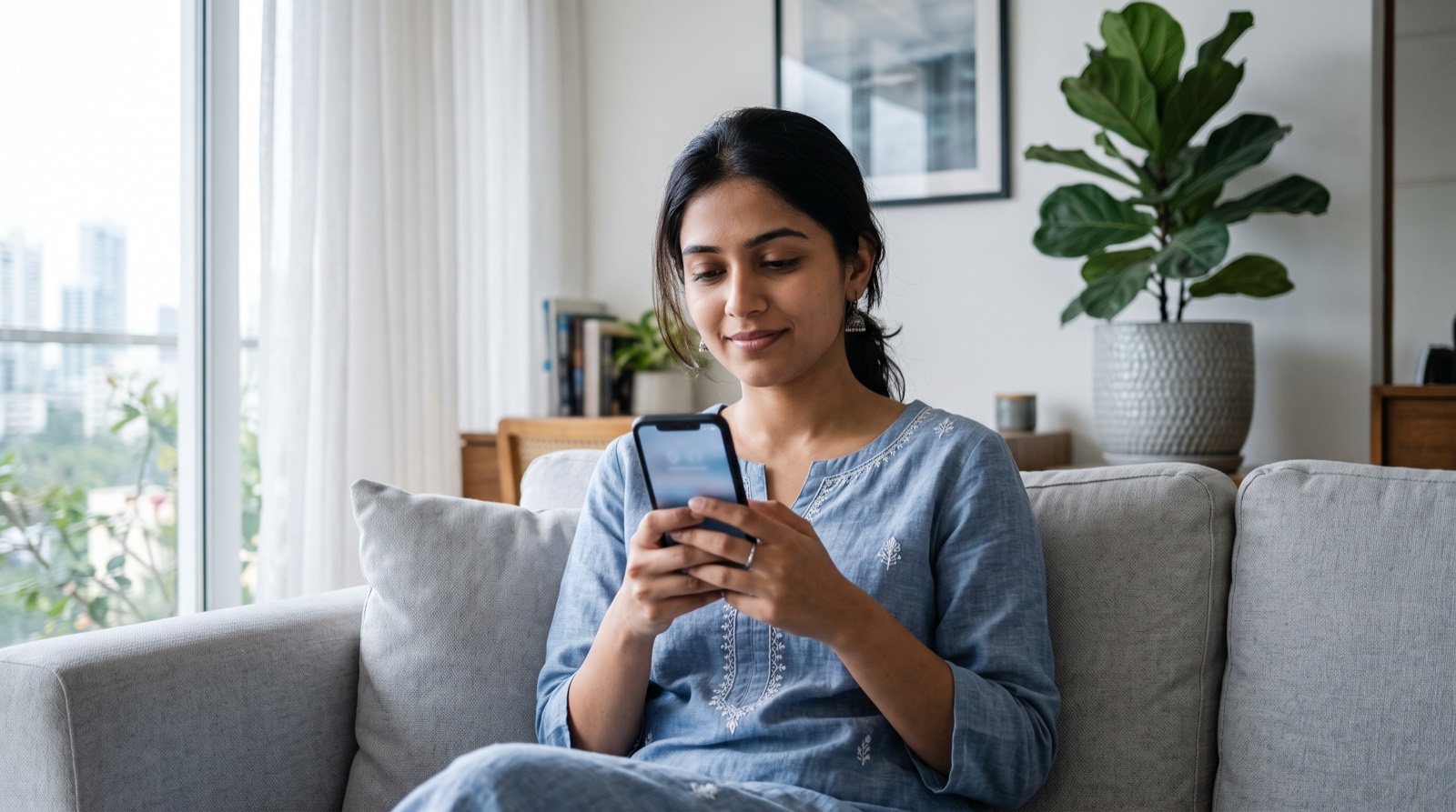 A young woman in a blue kurta sitting on a sofa at home, looking calmly at her phone