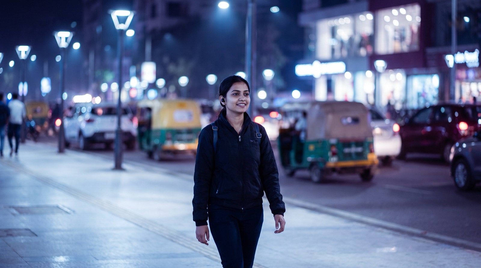 A young woman with a backpack walking along a well-lit city footpath at night, auto rickshaws blurred behind her
