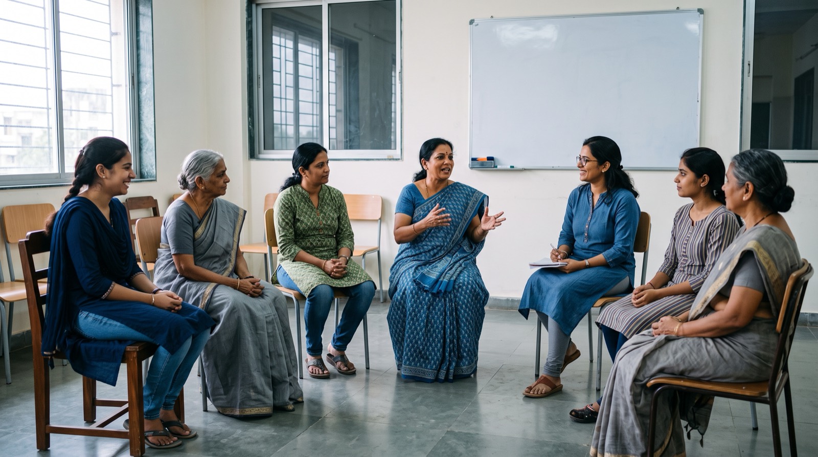 Women of different ages sitting in a circle in a community centre, in a discussion led by a facilitator